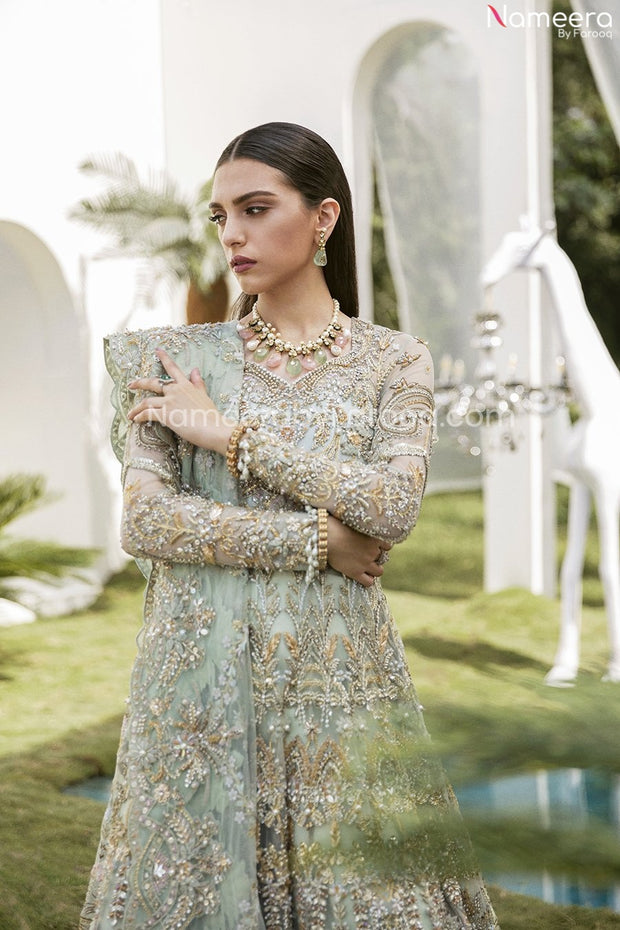 Pakistani Bridal Mint Green Lehenga in Gown Style 2022