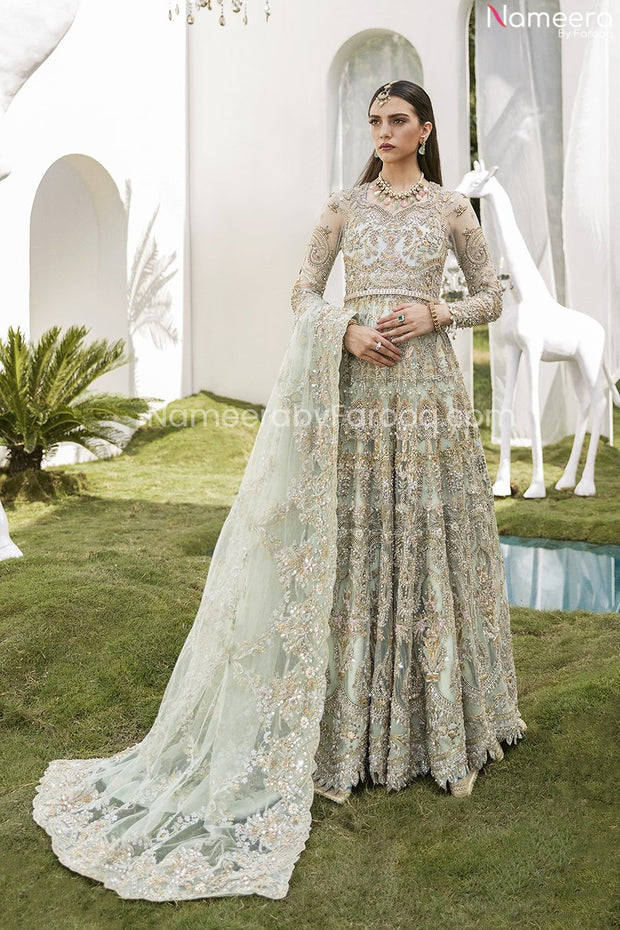 Pakistani Bridal Mint Green Lehenga in Gown Style 