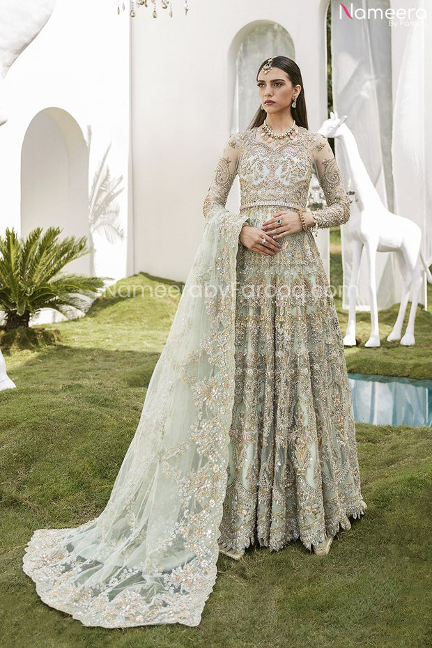 Mint Green Pakistani Dress in Elegant Gown Lehenga Style SMALL Mint Green Pakistani Dress in Elegant Gown Lehenga Style SMALL