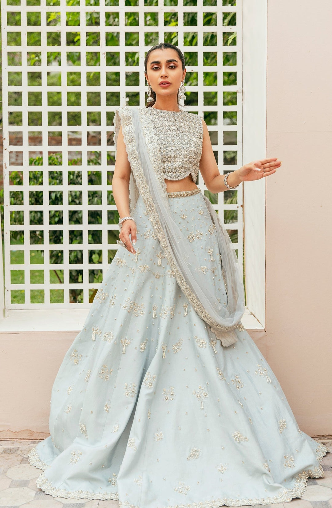 Elegant Ice Blue Pakistani Bridal Lehenga Choli Dress