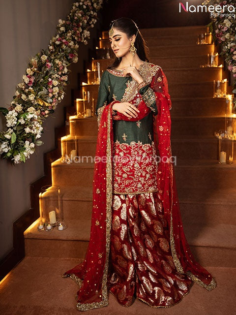 Pakistani Bridal Sharara with Short Kurti Online with Jamawar sharara