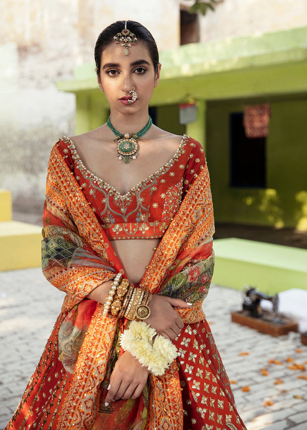 Pakistani Bridal Orange Red Lehenga Choli Dupatta Dress
