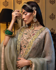 Pakistani Bridal Peach Choli with Lime Green Lehenga Dress Online