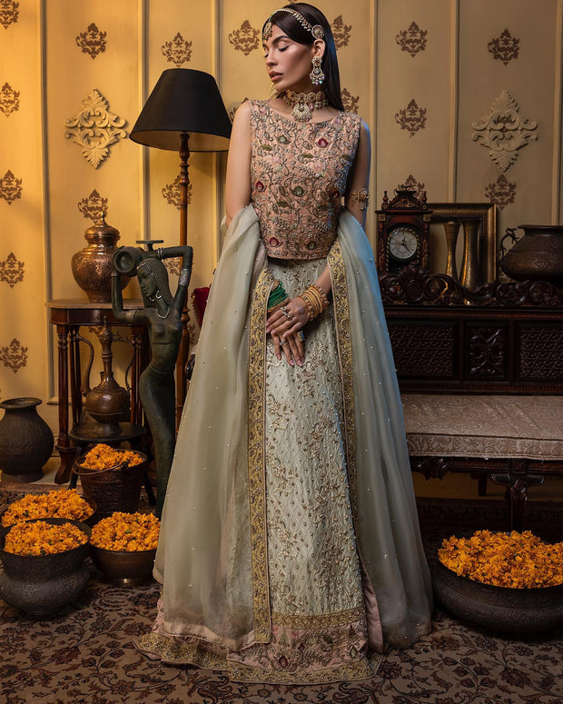 Pakistani Bridal Peach Choli with Lime Green Lehenga Dress