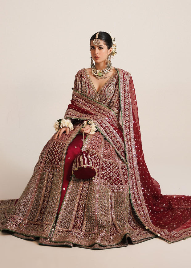 Pakistani Bridal Pishwas Frock in Open Style with Red Lehenga and Organza Dupatta Dress Online