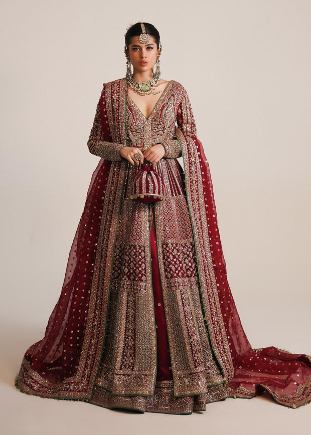 Pakistani Bridal Pishwas Frock in Open Style with Red Lehenga and Organza Dupatta Dress
