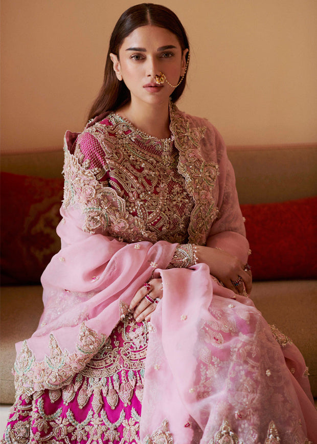 Pakistani Bridal Pishwas Frock with Lehenga and Dupatta Dress