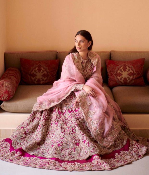 Pakistani Bridal Pishwas Frock with Lehenga and Dupatta Online