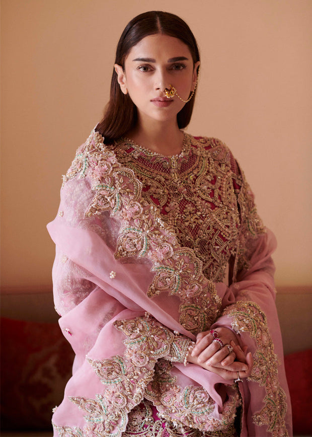 Pakistani Bridal Pishwas Frock with Lehenga and Dupatta