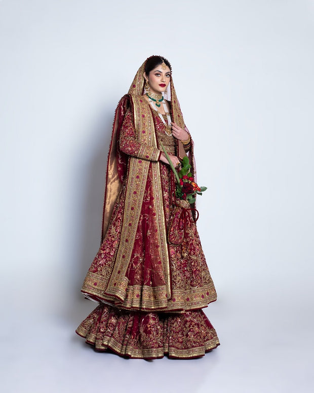 Pakistani Bridal Pishwas Frock with Red Sharara Dress Online