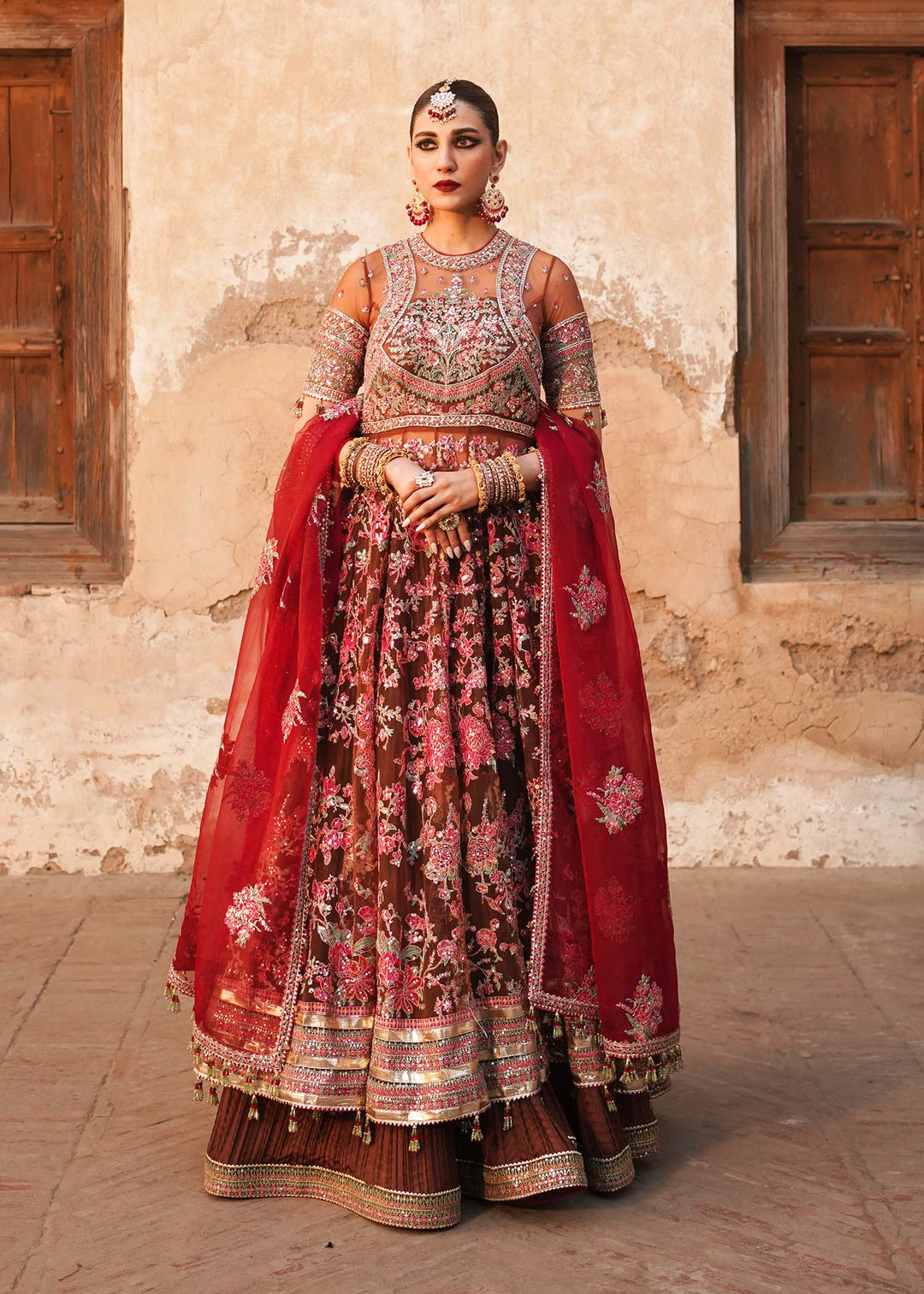 Pakistani Bridal Pishwas Frock with Sharara and Dupatta