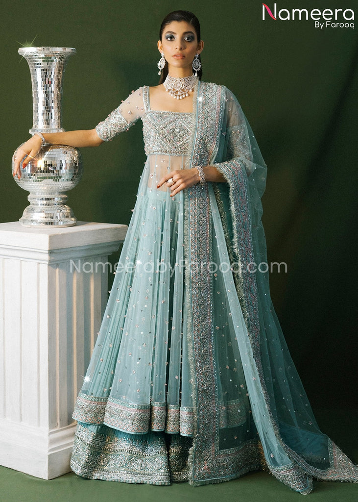 Ice Blue Pakistani Bridal Pishwas with Sharara Dress Online