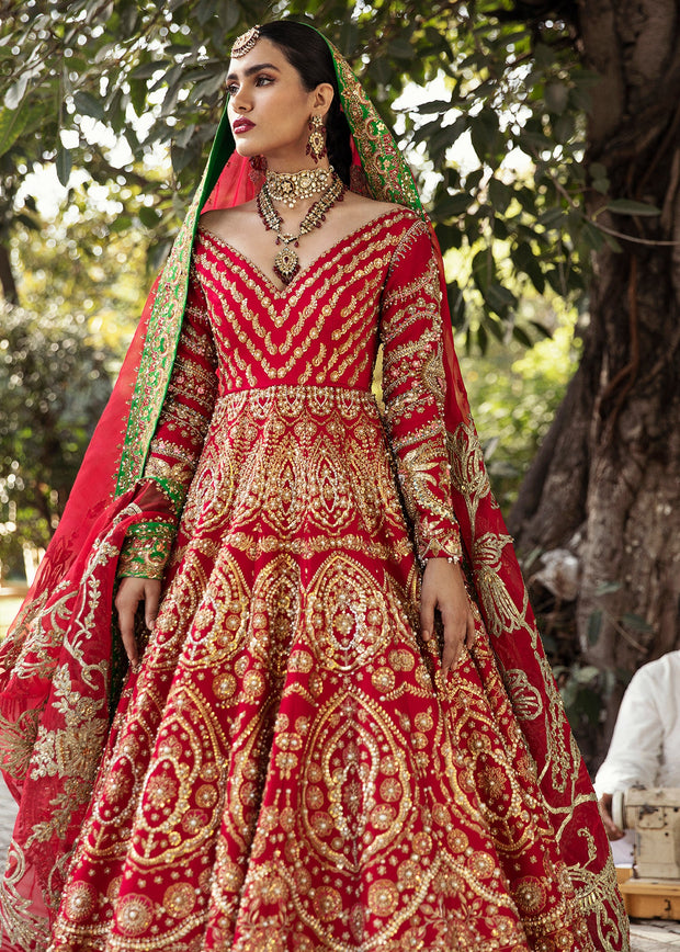 Designer Pure Silk Zari Work Bridal Red Lehenga Choli (Blue Blouse)
