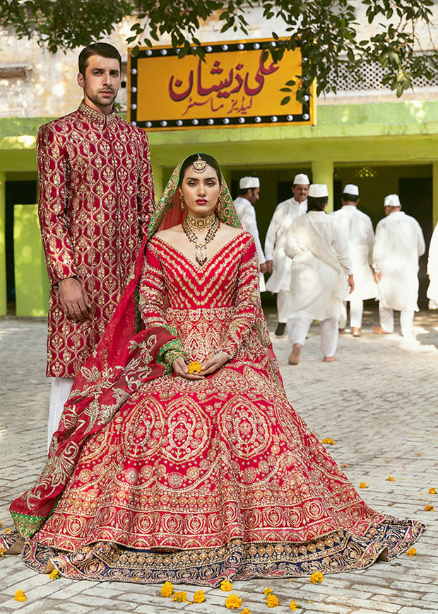 Pakistani Bridal Pishwas with Navy Blue Lehenga Online