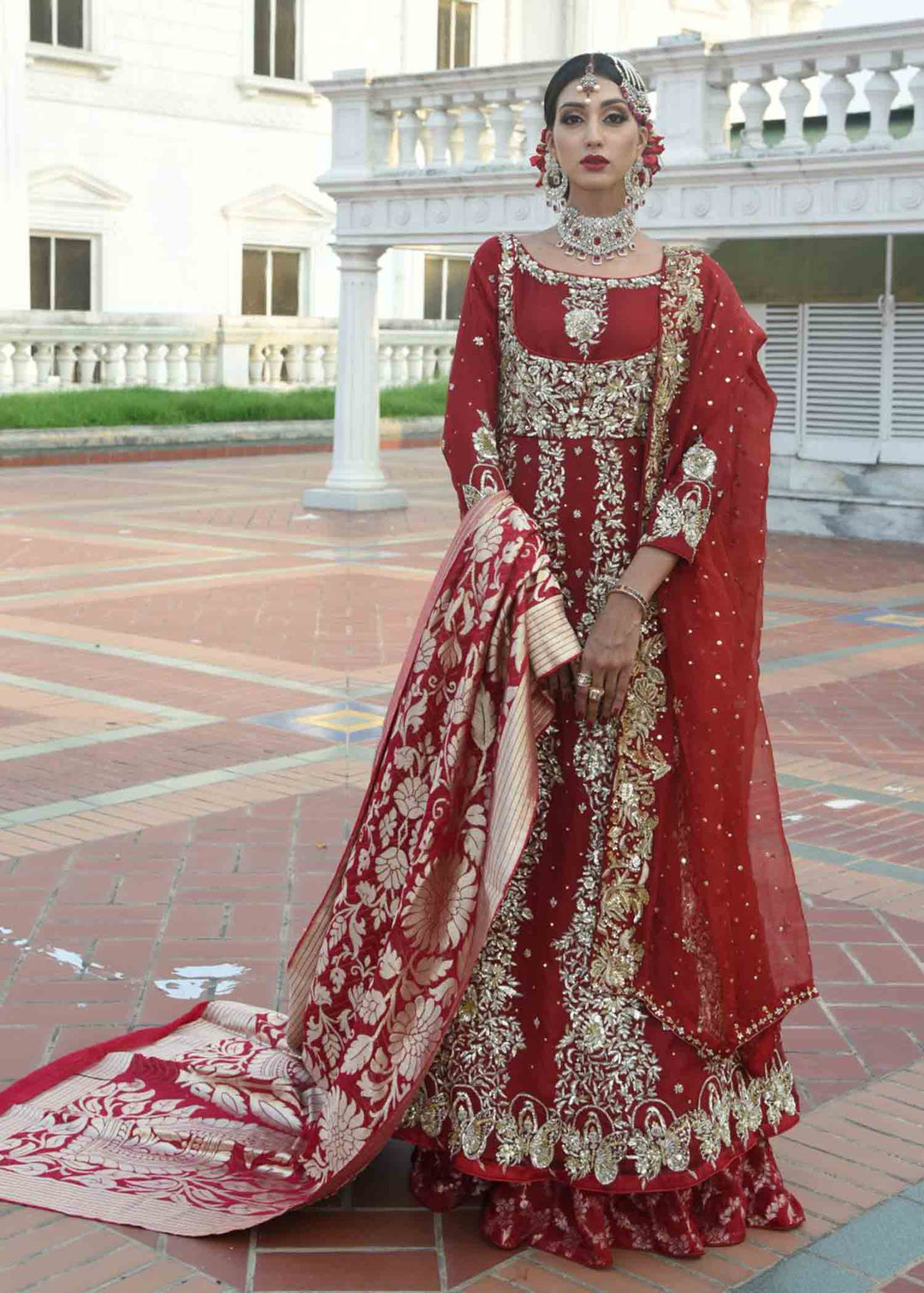 Pakistani Bridal Pishwas with Red Lehenga Dress Online