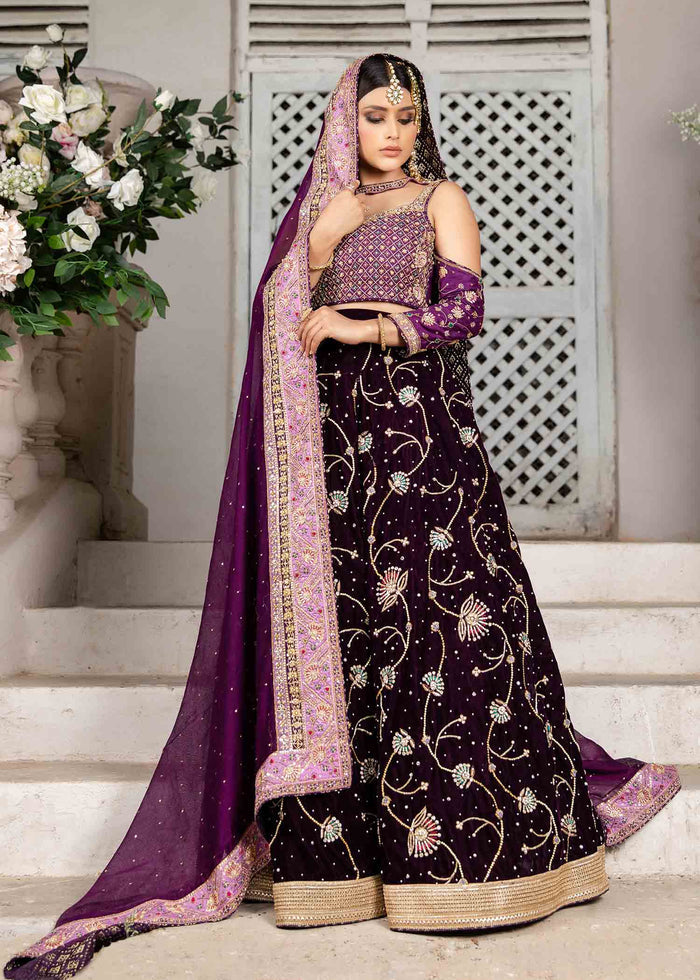 Latest Pakistani Bridal Purple Lehenga Choli Dupatta Dress