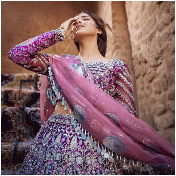 Pakistani Bridal Purple Lehenga with Choli and Dupatta