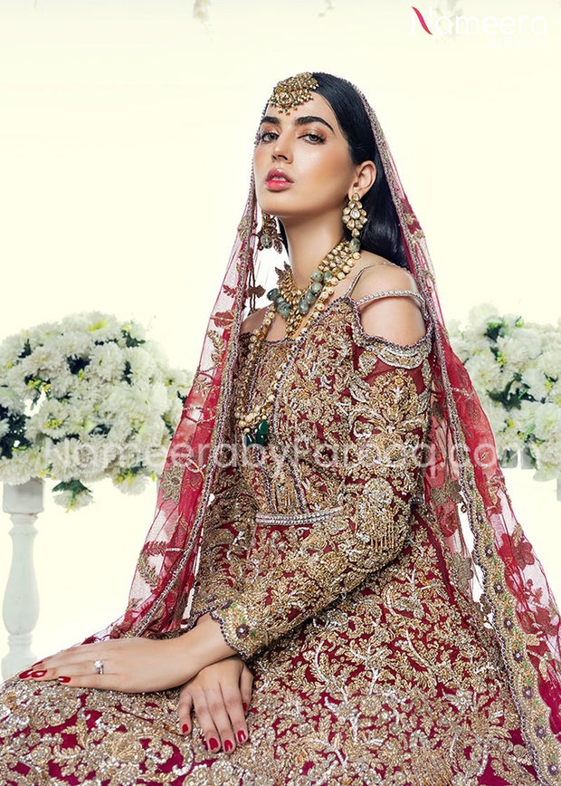 Pakistani Bridal Red Frock Lehenga For Wedding Sleeves Look