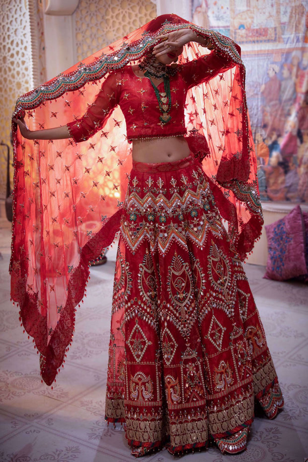 Pakistani Bridal Red Lehenga Choli Dupatta Dress