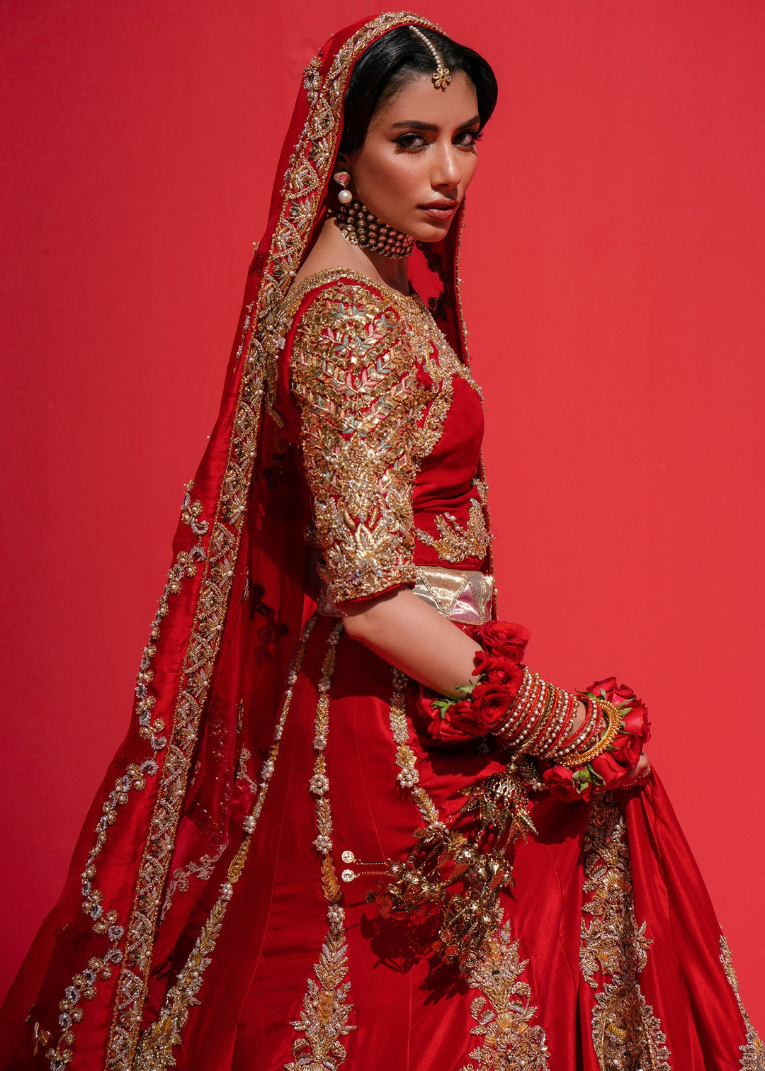 Elegant Pakistani Bridal Red Lehenga Choli and Dupatta
