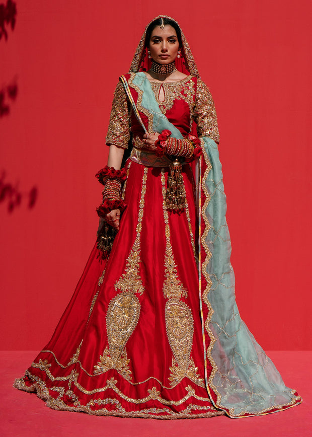 Pakistani Bridal Red Lehenga Choli and Dupatta Dress