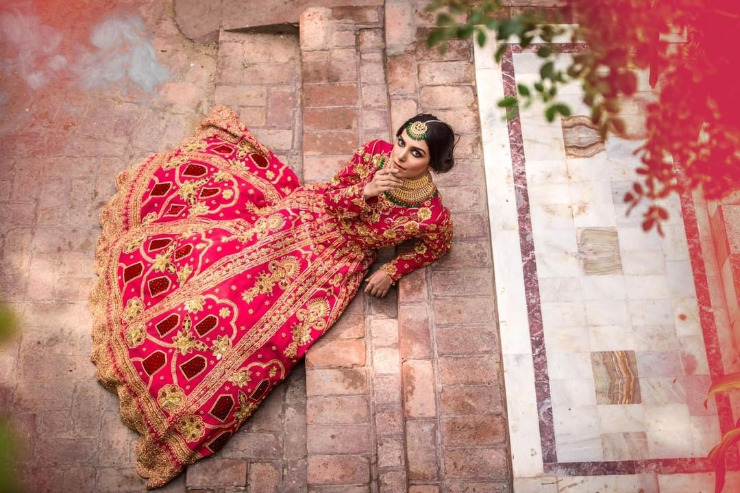Pakistani Bridal Red Lehenga with Choli and Dupatta Dress