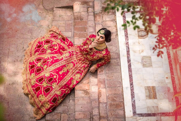Pakistani Bridal Red Lehenga with Choli and Dupatta Dress