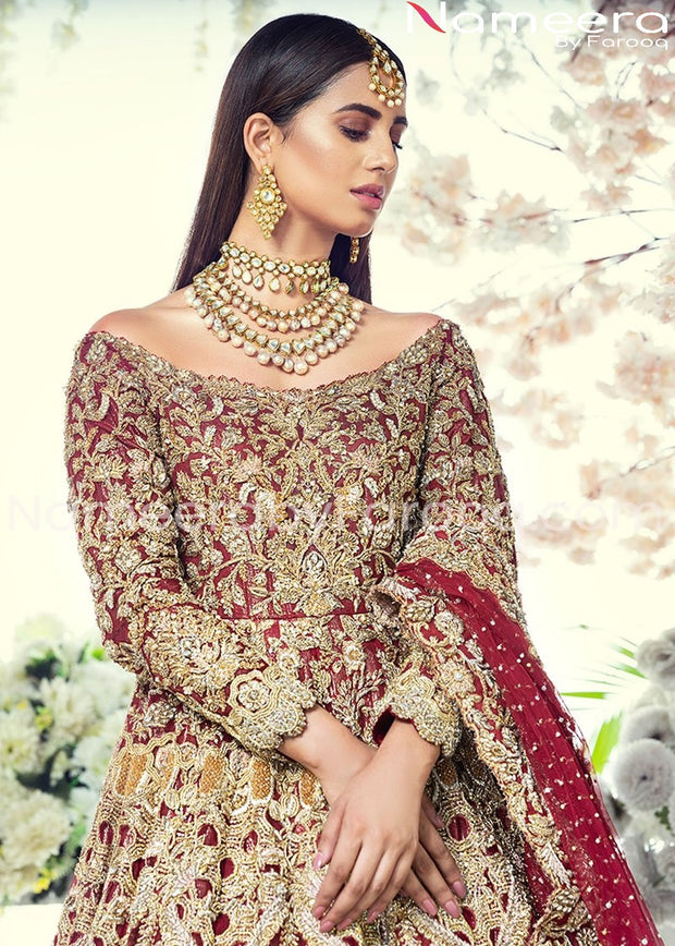Latest Pakistani Bridal  Red Maxi for Wedding close up view