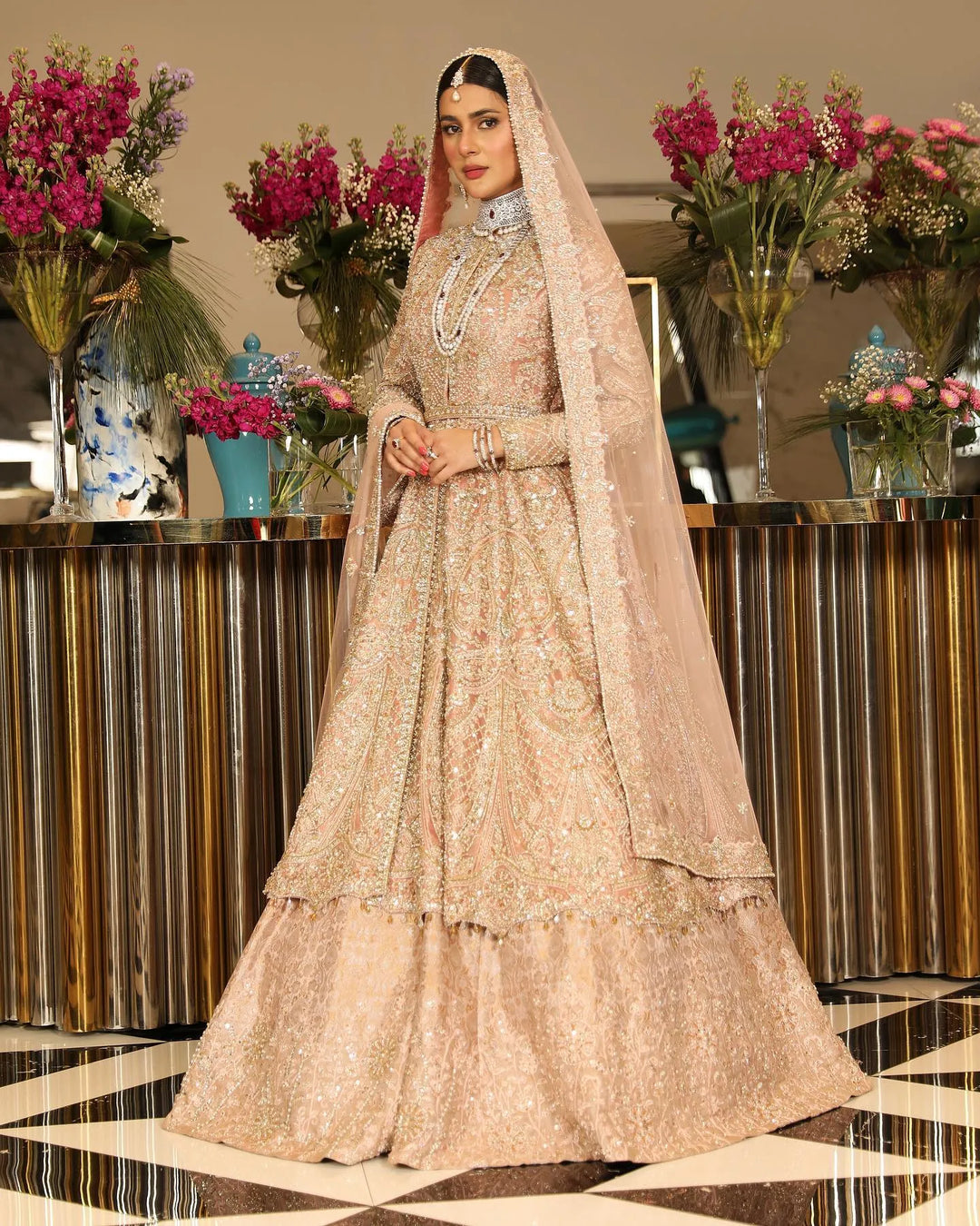 Stunning Pakistani Bridal Rose Gold Lehenga Frock Dress