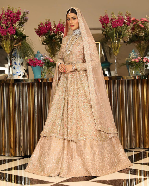Pakistani Bridal Rose Gold Lehenga Frock and Dupatta Dress