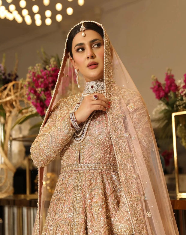 Pakistani Bridal Rose Gold Lehenga Frock and Dupatta Dress