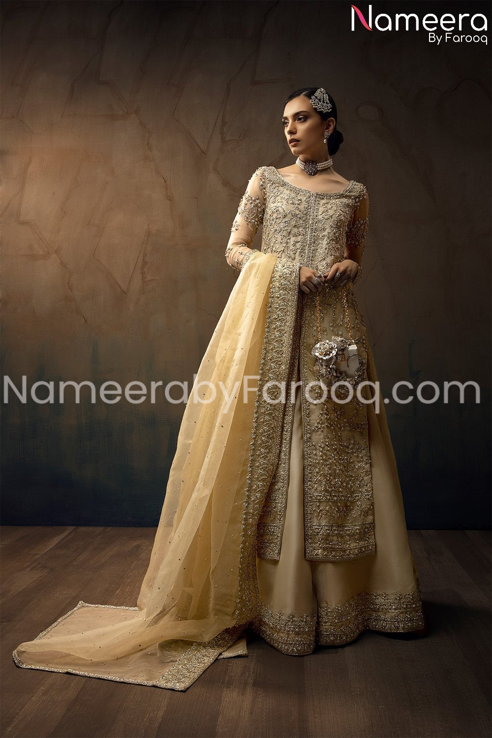 Pakistani Bridal Sharara with Embroidery in Yellow Color