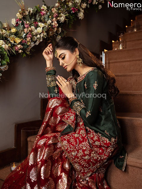 Pakistani Bridal Sharara with Short Kurti Online close Up View