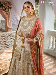 Pakistani Bridal Sharara with Short Shirt Dress in Ivory Color