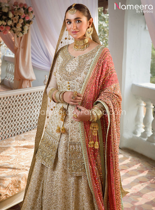 Pakistani Bridal Sharara with Short Shirt Dress in Ivory Color