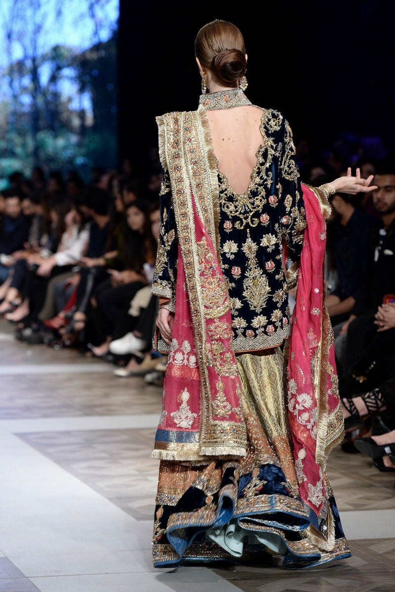 Pakistani Bridal Sharara with Velvet Shirt Backside View