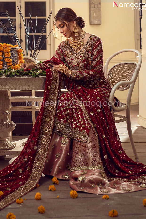 Pakistani Bridal Lehenga in Deep Maroon Color with Embroidered Dupatta 