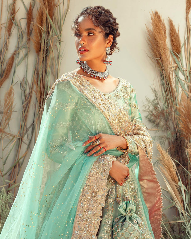 Pakistani Bridal Sky Blue Lehenga Choli and Dupatta Dress