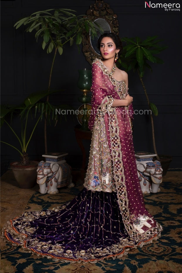 Pakistani Bridal Velvet Lehnga with Long Kameez