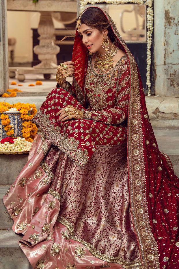 Pakistani Bridal Lehnga in Deep Maroon Color Close Up