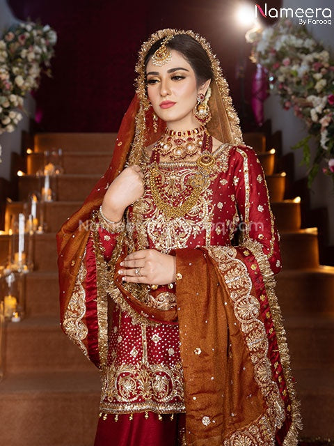 Elegant Pakistani Maroon Wedding Dress Online Neckline View