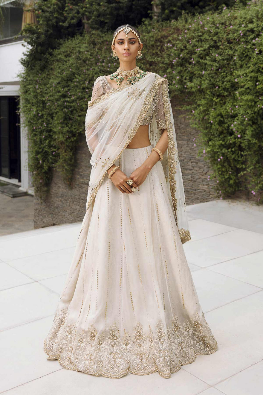 Elegant Pakistani Bridal White Gold Lehenga Choli Set