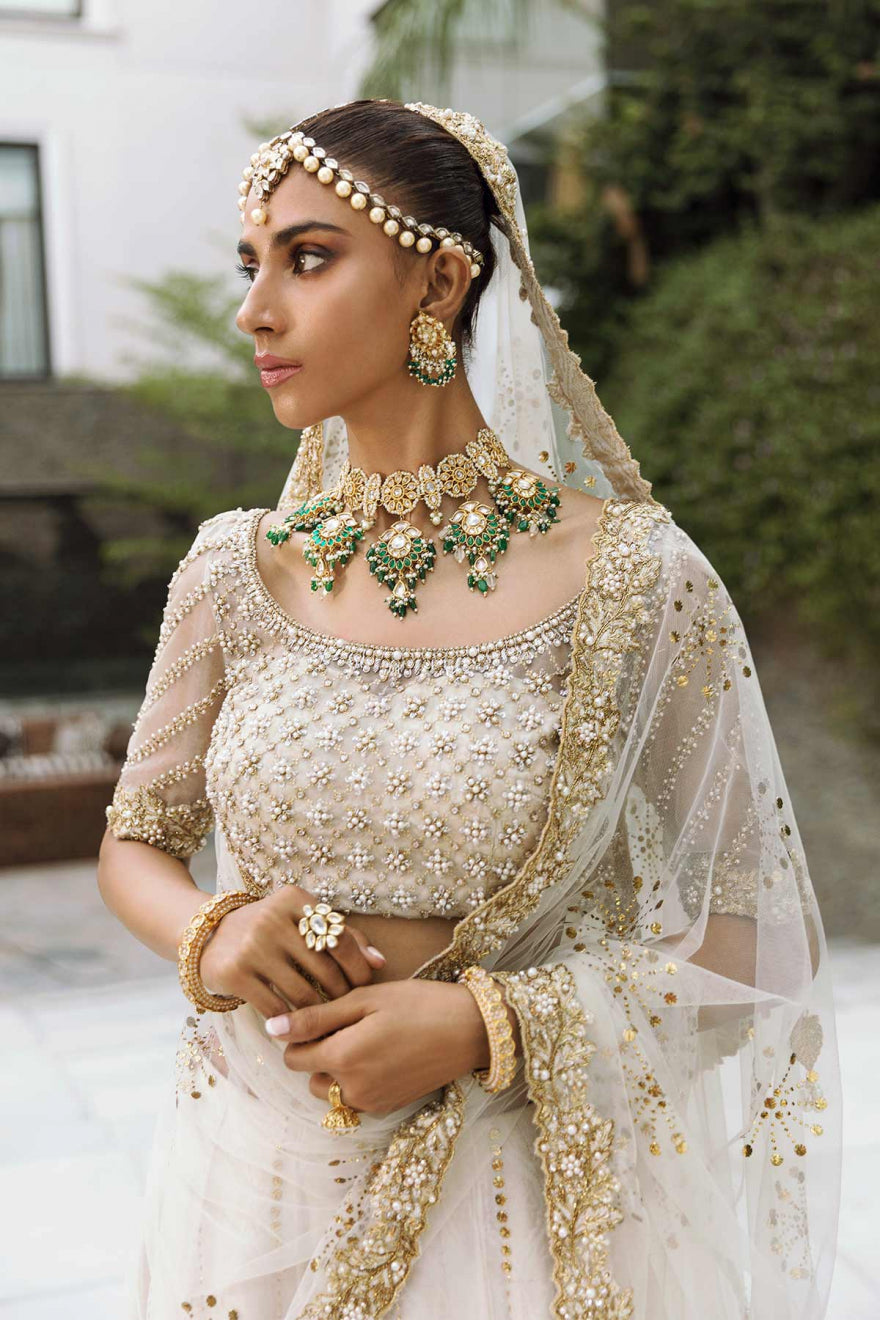 Elegant Pakistani Bridal White Gold Lehenga Choli Set