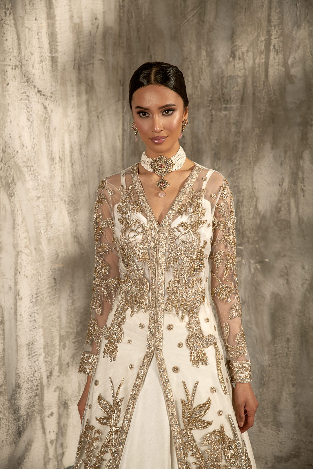Pakistani Bride White Lehenga with Front Open Frock