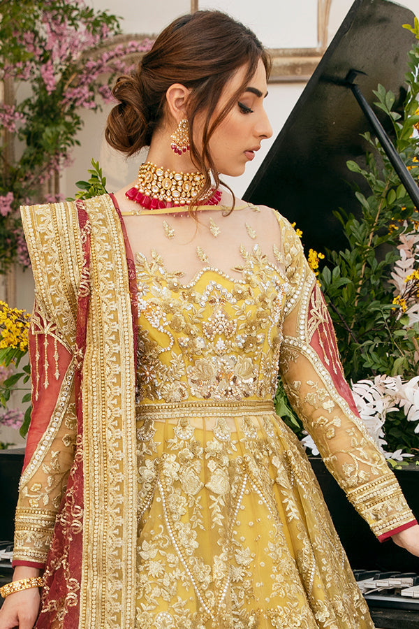 Pakistani Bridal Yellow Lehenga Frock Dress for Mehndi