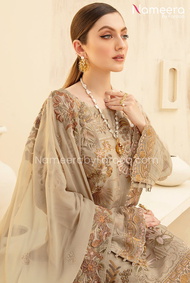 HSY Pakistani Chiffon Dress in Beige Color Latest #PF95