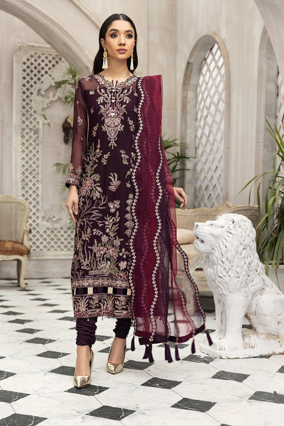 Pakistani Chiffon Dress in Plum Shade 2022