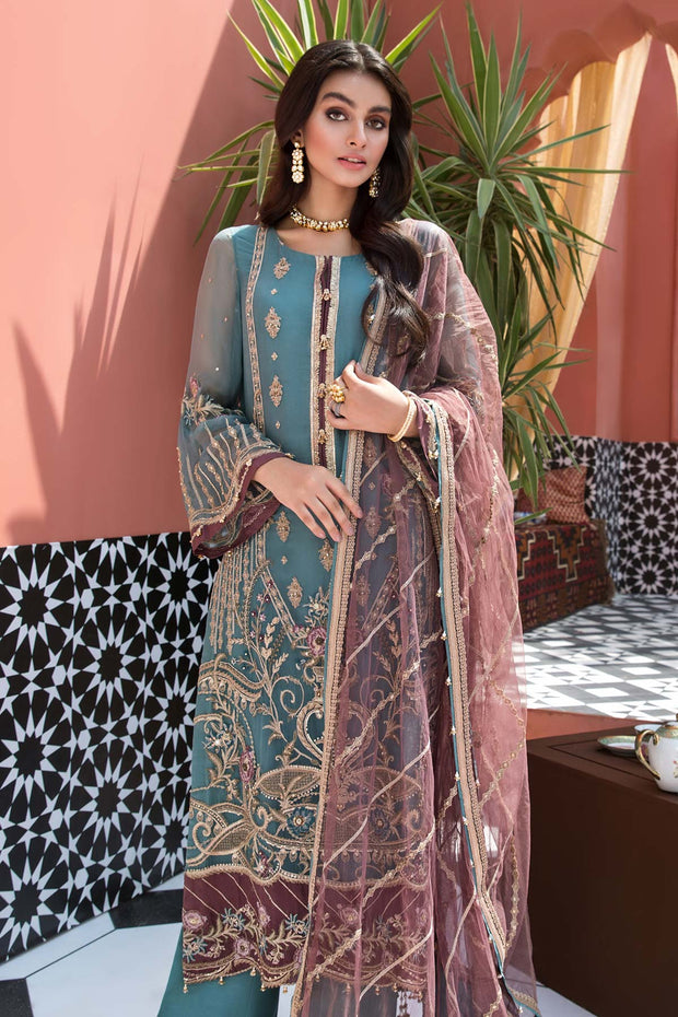 Pakistani Chiffon Embroidered Suit in Blue Color 2022