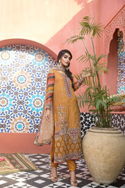 Pakistani Chiffon Embroidered Suit in Gold color