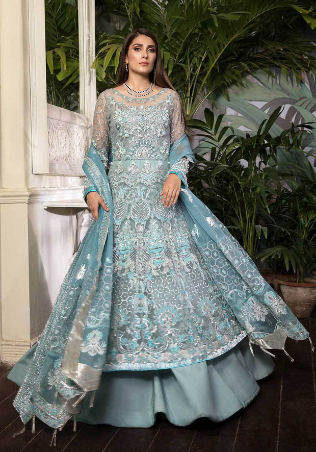 Pakistani Chiffon Frock in Turquoise Color Y6215